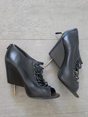 Givenchy Black Lace-Up Peep Toe Wedge Heels Size 40/9.5